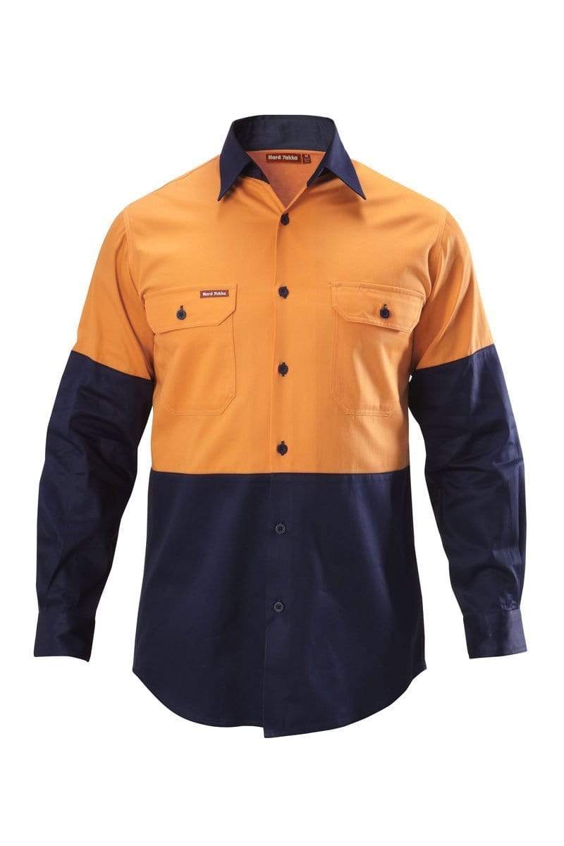 Hard Yakka Hi-visibility Two Tone Cotton Drill Shirt Long Sleeve Y07982 Work Wear Hard Yakka Orange/Navy (ONA) S 